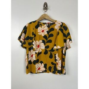 Eva Franco Ikebana Mustard Floral Blouse Size 6 Flutter Sleeve Top Anthropologie